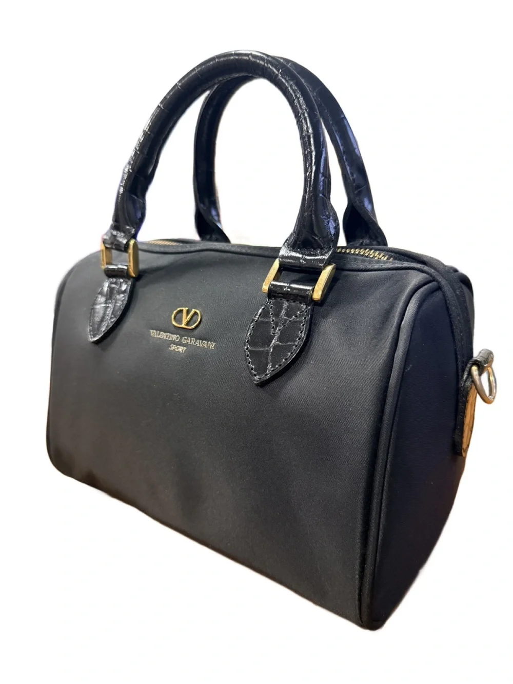 Valentino Garavani Sport Black Nylon & Croc Top-Handle Mini Boston Satchel